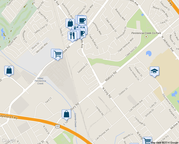 map of restaurants, bars, coffee shops, grocery stores, and more near 899 North King Road in San Jose