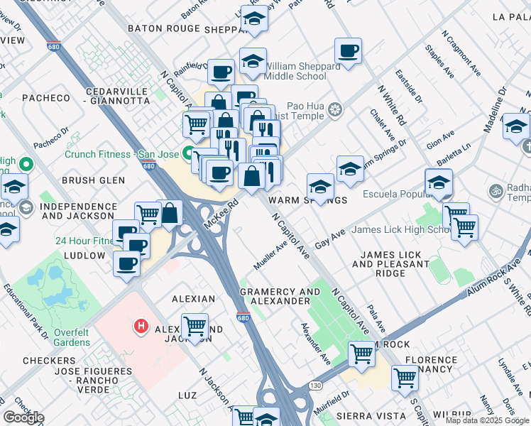 map of restaurants, bars, coffee shops, grocery stores, and more near 247 North Capitol Avenue in San Jose