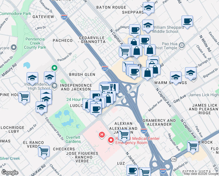 map of restaurants, bars, coffee shops, grocery stores, and more near 2367 McKee Road in San Jose