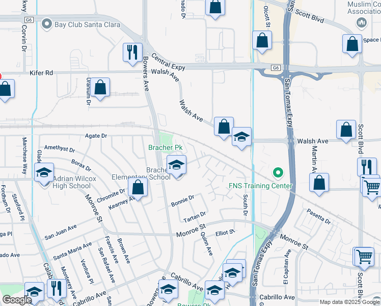 map of restaurants, bars, coffee shops, grocery stores, and more near 2665 Chromite Drive in Santa Clara