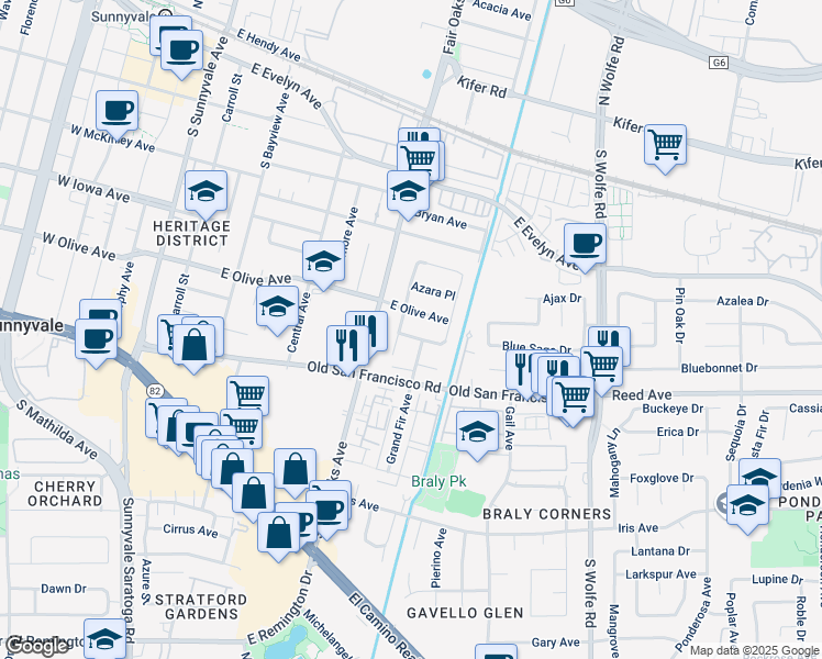 map of restaurants, bars, coffee shops, grocery stores, and more near 664 Begonia Way in Sunnyvale