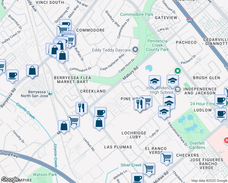 map of restaurants, bars, coffee shops, grocery stores, and more near 1905 Nevets Lane in San Jose