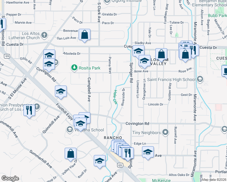 map of restaurants, bars, coffee shops, grocery stores, and more near 839 Parma Way in Los Altos