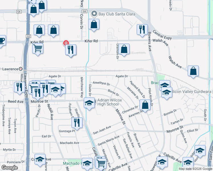 map of restaurants, bars, coffee shops, grocery stores, and more near 2532 Borax Drive in Santa Clara