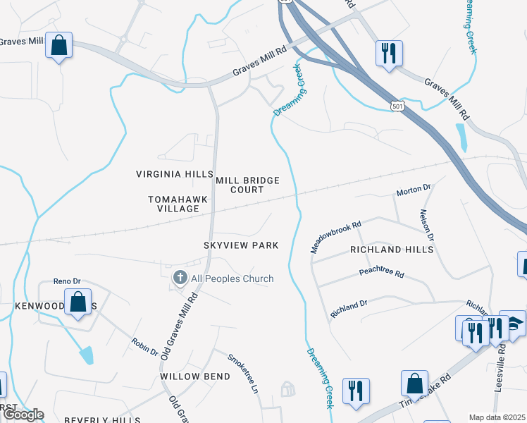map of restaurants, bars, coffee shops, grocery stores, and more near 216 Lookout Drive in Lynchburg