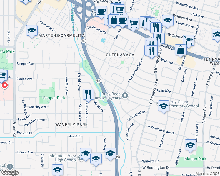 map of restaurants, bars, coffee shops, grocery stores, and more near 877 Heatherstone Way in Mountain View
