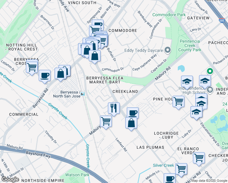 map of restaurants, bars, coffee shops, grocery stores, and more near 888 North King Road in San Jose