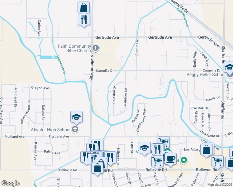 map of restaurants, bars, coffee shops, grocery stores, and more near 5580 Celestial Drive in Atwater
