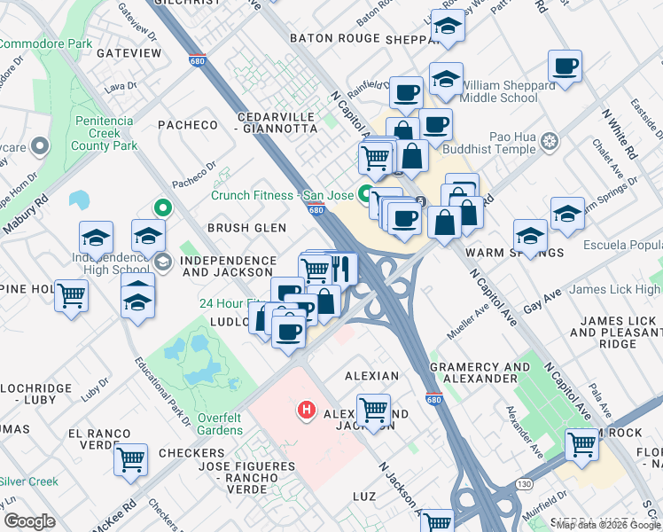 map of restaurants, bars, coffee shops, grocery stores, and more near 424 Caribe Way in San Jose