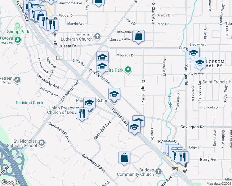 map of restaurants, bars, coffee shops, grocery stores, and more near 263 Covington Road in Los Altos