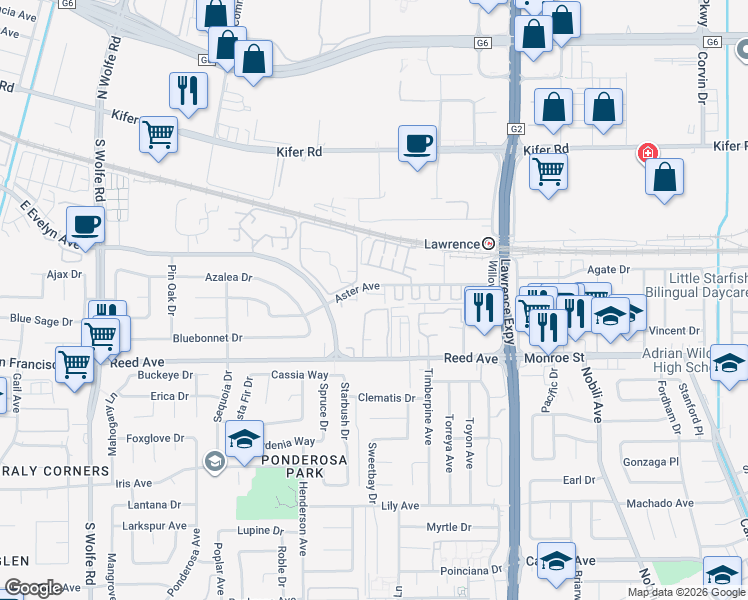 map of restaurants, bars, coffee shops, grocery stores, and more near 1035 Aster Avenue in Sunnyvale