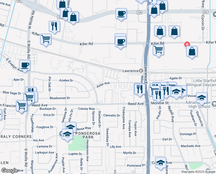 map of restaurants, bars, coffee shops, grocery stores, and more near 1035 Aster Avenue in Sunnyvale