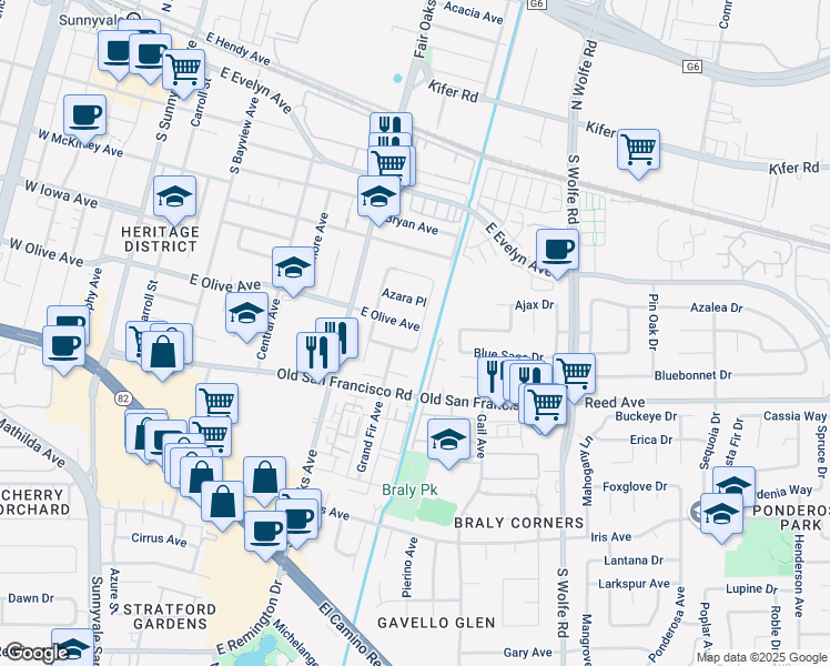 map of restaurants, bars, coffee shops, grocery stores, and more near 653 East Olive Avenue in Sunnyvale