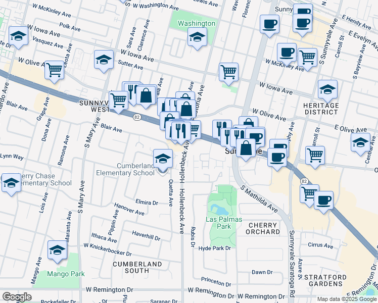 map of restaurants, bars, coffee shops, grocery stores, and more near in Sunnyvale