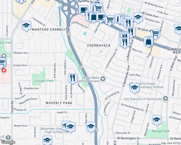 map of restaurants, bars, coffee shops, grocery stores, and more near 851 Runningwood Circle in Mountain View