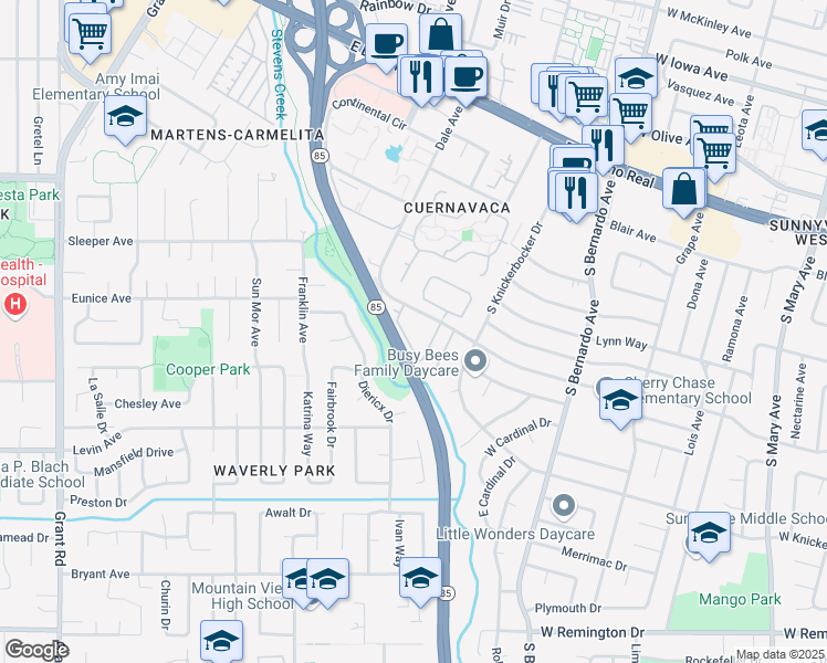 map of restaurants, bars, coffee shops, grocery stores, and more near 851 Runningwood Circle in Mountain View