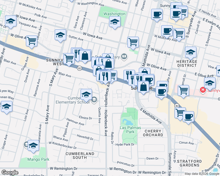 map of restaurants, bars, coffee shops, grocery stores, and more near 630 Hollenbeck Avenue in Sunnyvale