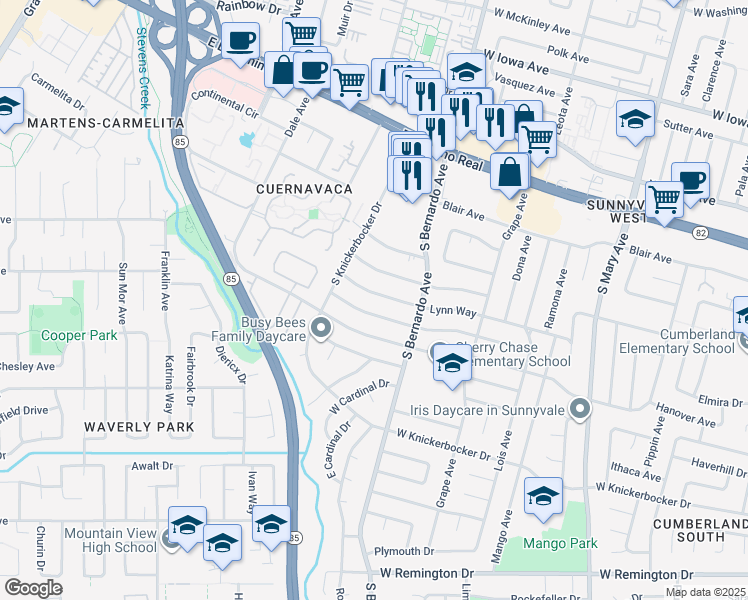 map of restaurants, bars, coffee shops, grocery stores, and more near 1266 Parkington Avenue in Sunnyvale
