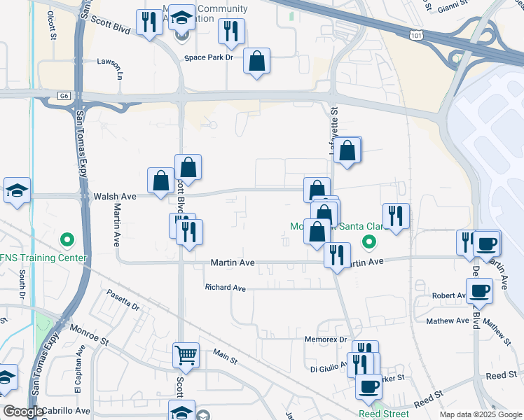 map of restaurants, bars, coffee shops, grocery stores, and more near 1130 Walsh Avenue in Santa Clara