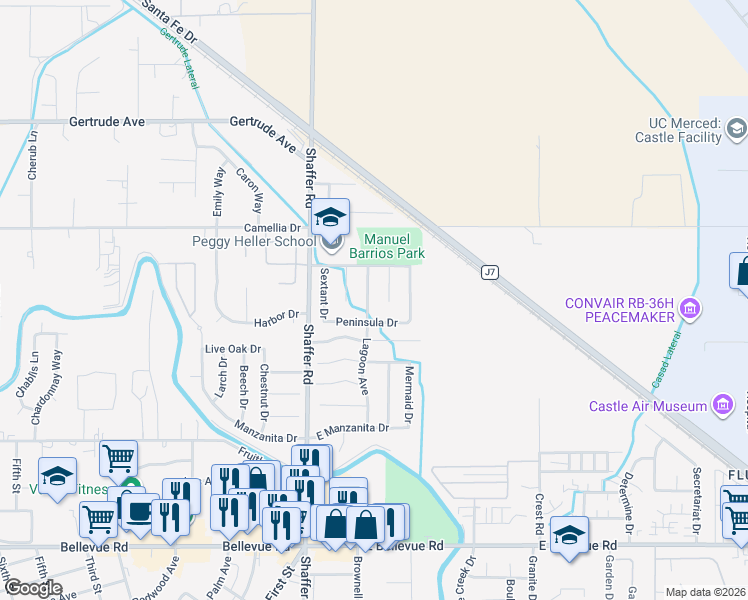 map of restaurants, bars, coffee shops, grocery stores, and more near 3336 Lagoon Avenue in Atwater