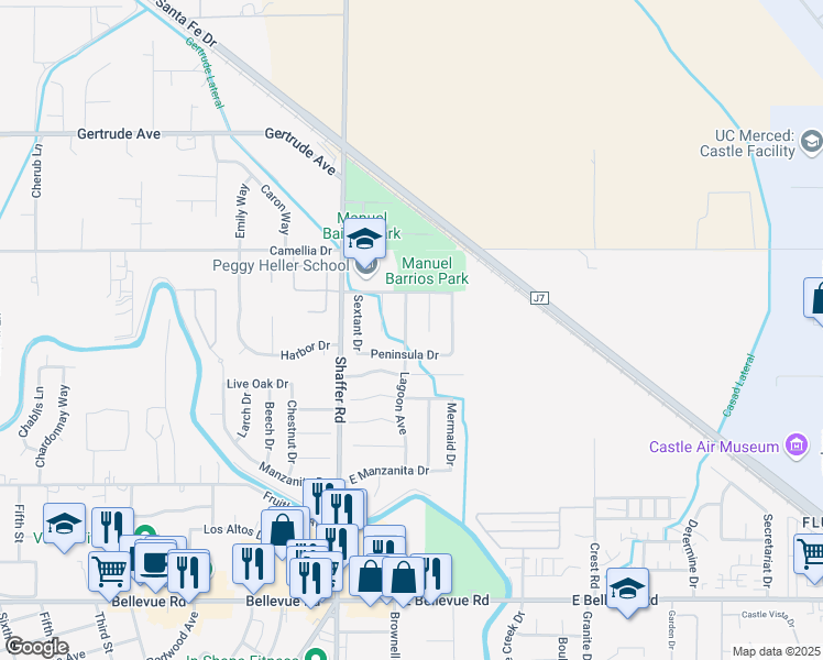 map of restaurants, bars, coffee shops, grocery stores, and more near 3336 Lagoon Avenue in Atwater