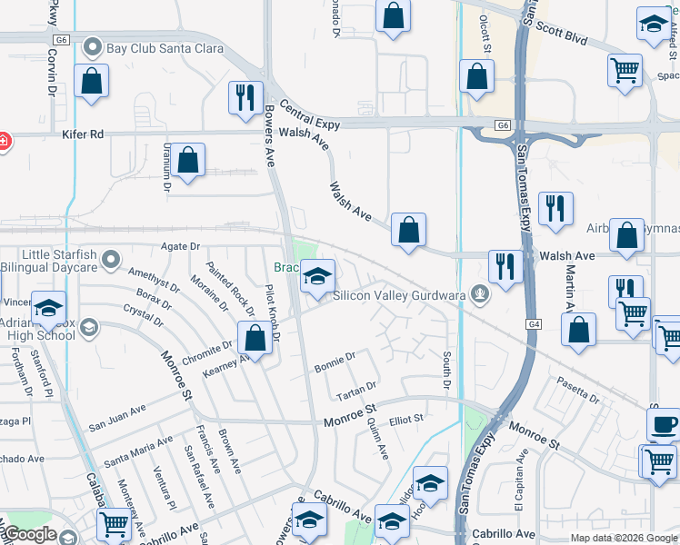 map of restaurants, bars, coffee shops, grocery stores, and more near 2601 Cortez Drive in Santa Clara