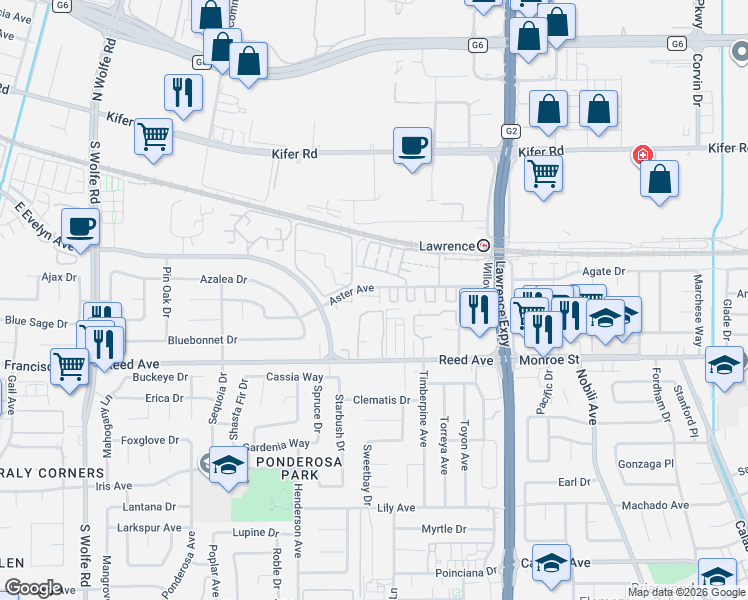 map of restaurants, bars, coffee shops, grocery stores, and more near 1035 Aster Avenue in Sunnyvale
