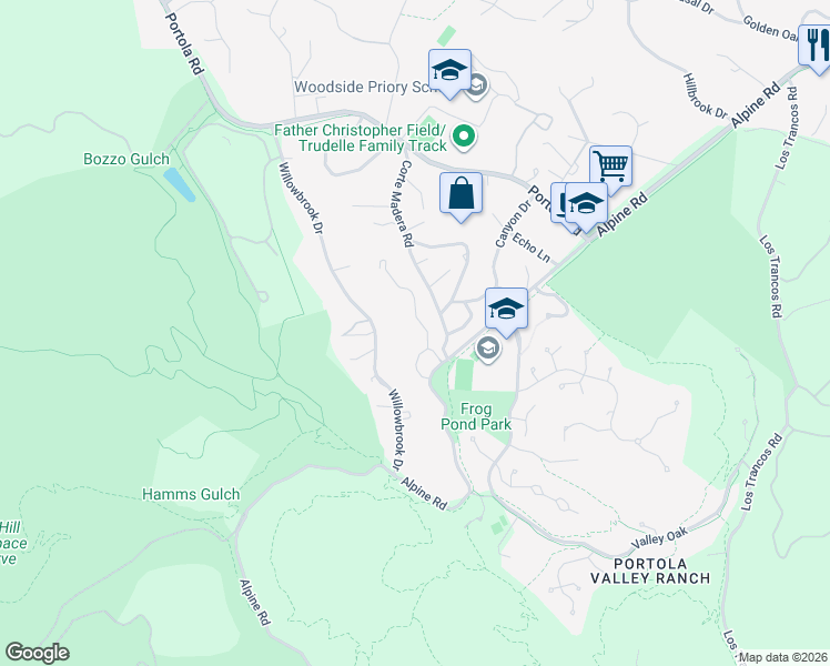 map of restaurants, bars, coffee shops, grocery stores, and more near 4662 Alpine Road in Portola Valley