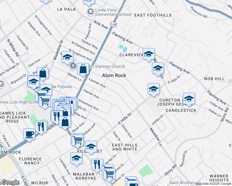 map of restaurants, bars, coffee shops, grocery stores, and more near in Alum Rock