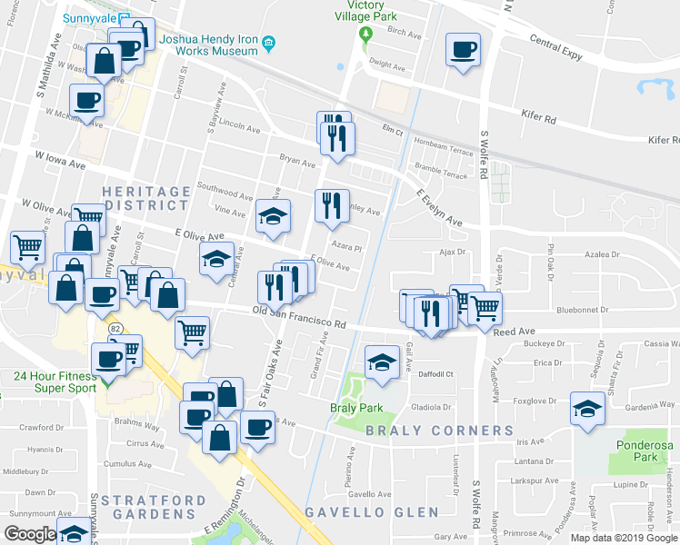 map of restaurants, bars, coffee shops, grocery stores, and more near 653 East Olive Avenue in Sunnyvale
