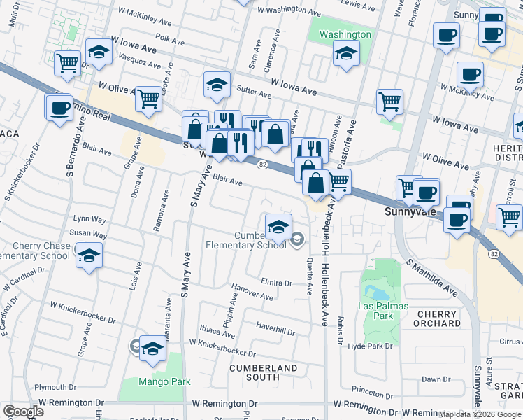 map of restaurants, bars, coffee shops, grocery stores, and more near 716 Peach Avenue in Sunnyvale