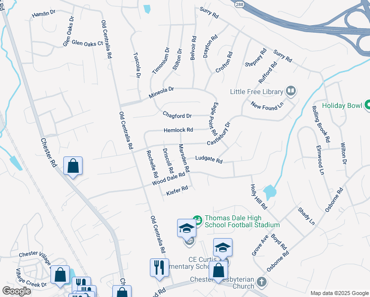 map of restaurants, bars, coffee shops, grocery stores, and more near 11401 Marsden Road in Chester