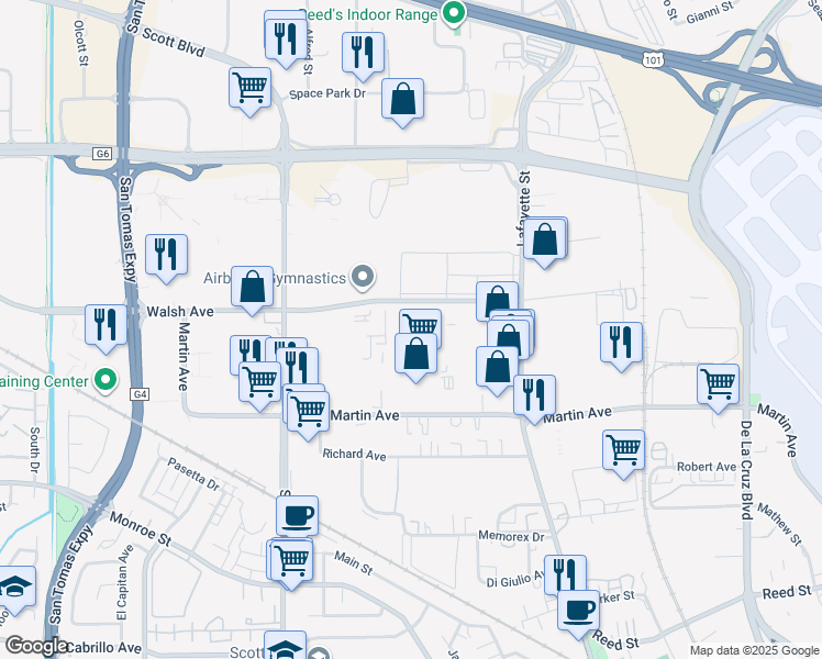 map of restaurants, bars, coffee shops, grocery stores, and more near 1130 Walsh Avenue in Santa Clara