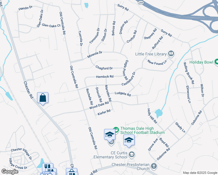 map of restaurants, bars, coffee shops, grocery stores, and more near 11401 Marsden Road in Chester