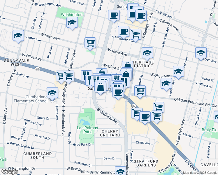 map of restaurants, bars, coffee shops, grocery stores, and more near 303 California 82 in Sunnyvale