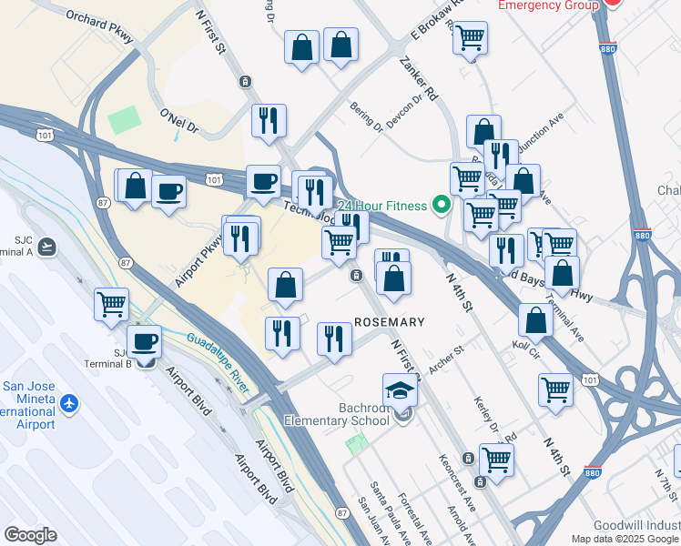 map of restaurants, bars, coffee shops, grocery stores, and more near 1737 North 1st Street in San Jose