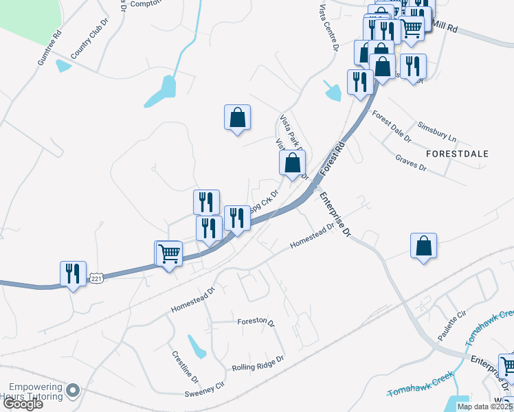 map of restaurants, bars, coffee shops, grocery stores, and more near Spring Creek Dr in Forest