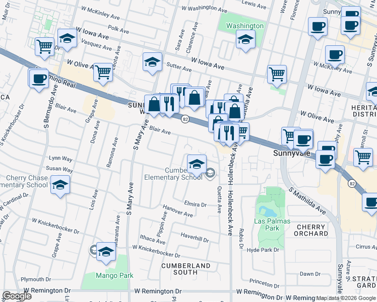 map of restaurants, bars, coffee shops, grocery stores, and more near 852 Blair Avenue in Sunnyvale