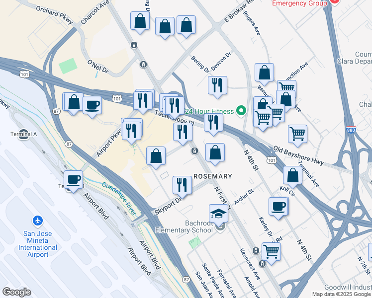 map of restaurants, bars, coffee shops, grocery stores, and more near in San Jose