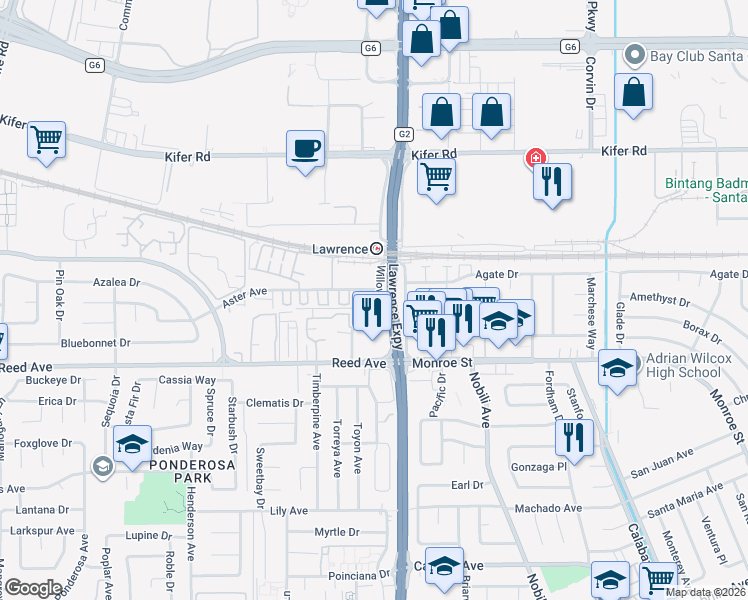 map of restaurants, bars, coffee shops, grocery stores, and more near 488 Wild Cherry Terrace in Sunnyvale