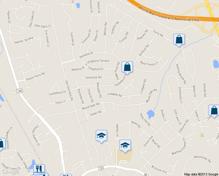 map of restaurants, bars, coffee shops, grocery stores, and more near 3537 Castlebury Drive in Chester