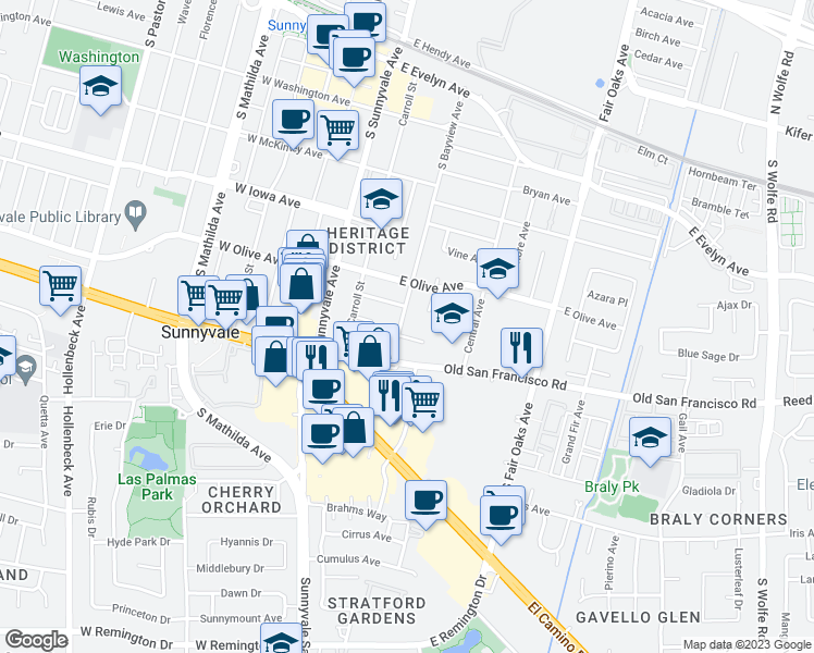 map of restaurants, bars, coffee shops, grocery stores, and more near 540 South Bayview Avenue in Sunnyvale