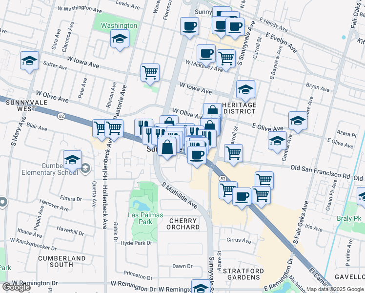 map of restaurants, bars, coffee shops, grocery stores, and more near 303 California 82 in Sunnyvale