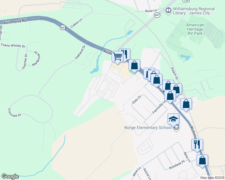 map of restaurants, bars, coffee shops, grocery stores, and more near 7524 Tealight in Williamsburg