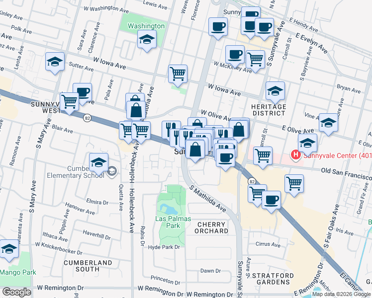 map of restaurants, bars, coffee shops, grocery stores, and more near in Sunnyvale