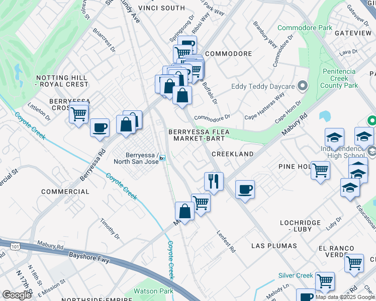 map of restaurants, bars, coffee shops, grocery stores, and more near 1692 Salamoni Court in San Jose
