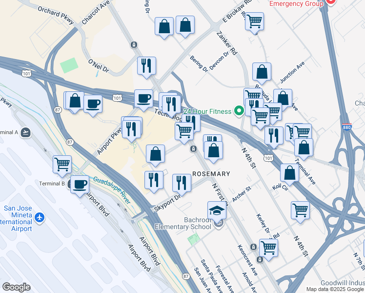 map of restaurants, bars, coffee shops, grocery stores, and more near in San Jose