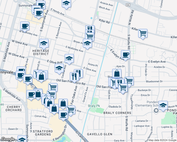 map of restaurants, bars, coffee shops, grocery stores, and more near 653 East Olive Avenue in Sunnyvale
