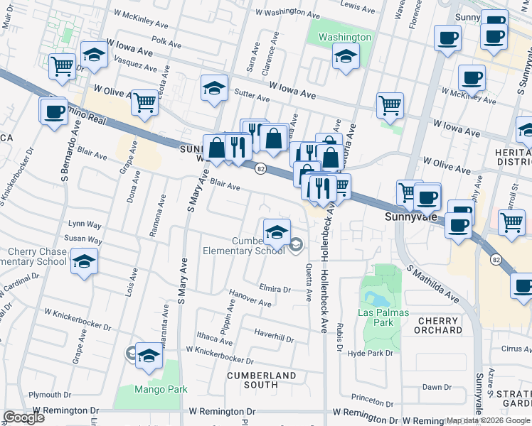 map of restaurants, bars, coffee shops, grocery stores, and more near 852 Blair Avenue in Sunnyvale