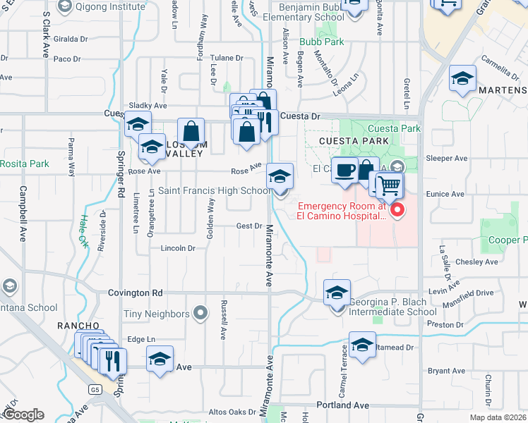 map of restaurants, bars, coffee shops, grocery stores, and more near 1888 Miramonte Avenue in Mountain View